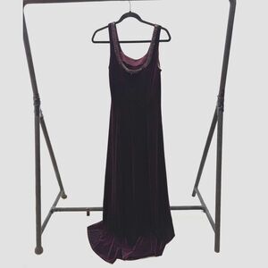 J R Nites by Caliendo plum stretch velvet beaded maxi gown